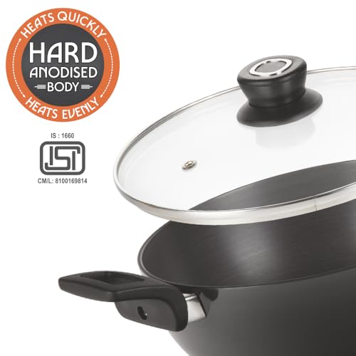 Image of Borosil 4 L (28 cm) Hard Anodized Deep Kadai with Glass Lid | Aluminium Grade 3003 | Glossy Exterior & Matt Interior | Even Heat Distribution | Easy to Clean | 1 Year Warranty