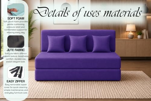 Image of Sofa Cum Bed with Jute Fabric, Convertible Three Seater Sofa Bed 5x6 Ft, Comfortable Cushioned Seating, Space Saving Design for Living Room, Bedroom & Guest Room - Purple Color