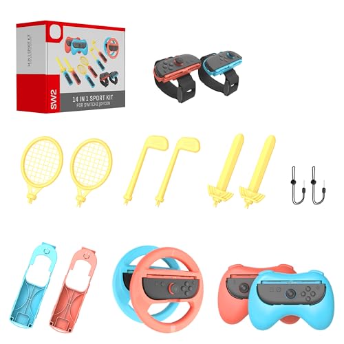 Sports Accessories Bundle for Switch 2(2025) Kaiplayhorizon Sport Games Kit 14 in 1 Family Party Pack Golf Clubs Tennis Rackets Swords Controller Grips Steering Wheels Wrist Band for Joycons