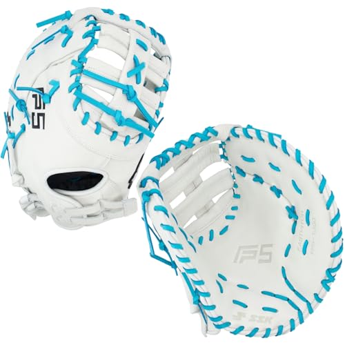 SSK FP5 Fastpitch Softball First Base Mitt 12.5 13 Right & Left Hand Throw Premium Full Leather Softball Glove (White/Electric Blue 13 - Right Hand Throw)