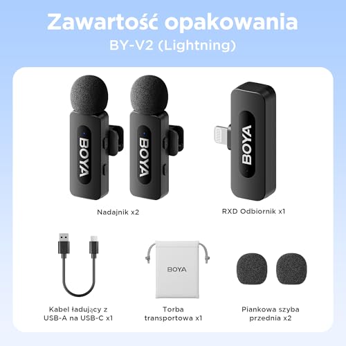 BOYA BY-V2 Bezprzewodowy mikrofon, 2,4 GHz, plug and play, mini, z klipsem, do iPhone’a 14, 14 Pro, 13, 13 Pro, 12, iPada, urządzeń iOS, do vlogów, YouTube, nagrywania wideo, podcastów, wywiadów