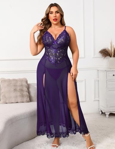 Image of Avidlove Plus Size Lingerie for Curvy Women Long Lace Babydoll Nightdress | V neck sheer mesh nightgown,g-string included,high side slits,adjustable straps,curve-flattering fit,maternity photoshoot