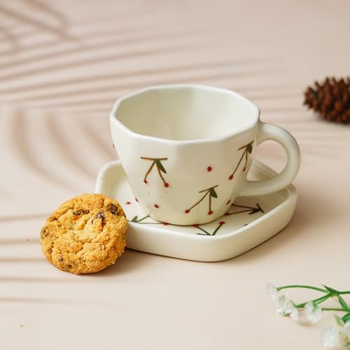 Image of Handcrafted Ceramic Tea Cup with Saucer | Floral Printed Coffee Mug with Plate | Premium Pottery Cup Set for Tea & Hot Beverages | Ideal Gift for Tea Lovers & Home Use