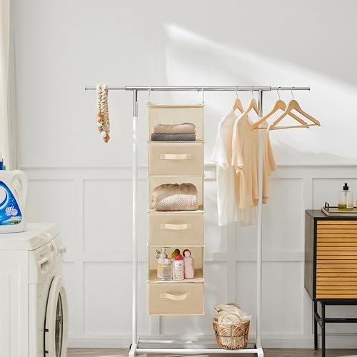 Image of MAX Houser 6 Tier Shelf Hanging Closet Organizer, Closet Hanging Shelf with 2 Sturdy Hooks for Storage, Foldable (Beige-D3)