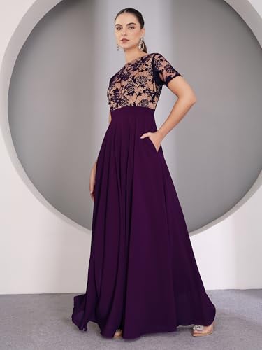 Image of Miss Chase Women's V-Neck Full Sleeve Self Design Lace-Overlaid Georgette Maxi Dress
