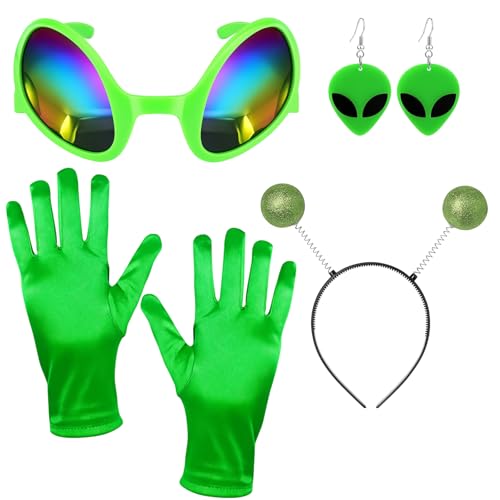 SongBuydn Alien Kostüm 4-teiliges Set für Halloween und Karneval Alien-Accessoires für Damen inklusive Stirnband Brille Handschuhe und Ohrringe perfekt für Cosplay und Partys