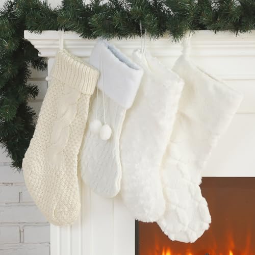 Croknit 6 Set Christmas Stockings White Christmas Stocking Cream Cable Knit Christmas Stocking Faux Fur Christmas Stocking Rustic Boho Christmas Stocking Decor for Farmhouse Fireplace Family Holiday