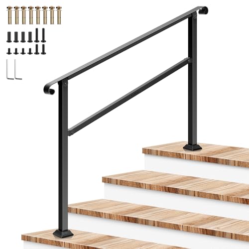 Image of VIVOSUN Outdoor Handrail, 54 inch x 36 inch Fits 1-4 Steps, Wrought Iron Stair Railing with Curved Ends, One-Step Assembly, Black