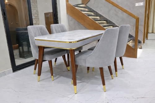 Image of WOODEN SPACE 4 Seater Wooden Dining Table Set | Urban Marble Top Dining Table with Chairs for Dining Room & Kitchen (Modern Frontline Light Grey) (54 x 36 x 30 inch)