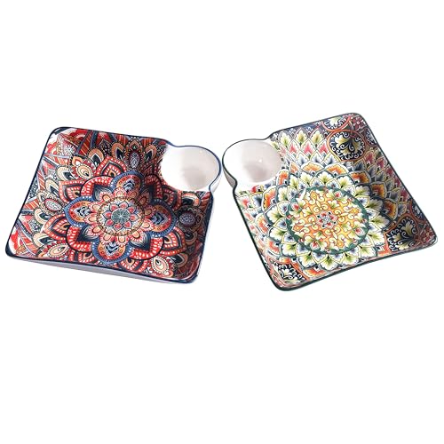 BOSILI Ceramic Dumpling Plate with Dipping Sauce Holder Set of 2, 7.28 Inch