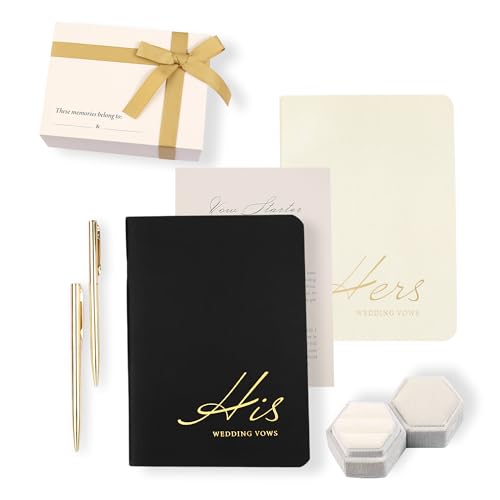 His and Hers Vow Books Wedding Set – Complete Keepsake Kit with Golden Pens, Velvet Ring Box, Vow Starters & Gift Box (Black & Ivory)