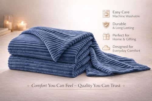 Image of WONJU Premium Ultra Soft Coral Fleece Blanket for Bed & Sofa | Warm Plush Ribbed Throw | Lightweight Cozy Winter Blanket | Machine Washable | Multiple Colors (Blue)