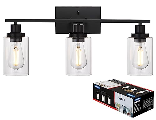 MELUCEE Bathroom Vanity Light Fixtures 3 Lights Wall Sconce Black with Clear Glass Shade for Bedroom Living Room Hallway Kitchen