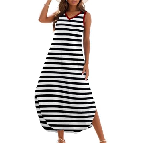 Zilcremo Women's Summer Casual Loose Sundress Long Dress Sleeveless V Neck Split Tshirt Maxi Dresses Small Blackwhitestripe