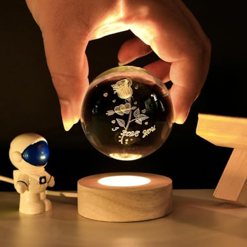 Image of STARKENDY 3D Rose Crystal Ball LED Night Lamp, Creative Engraved Night Light Wooden Base, Warm White Decorative Table Lamp for Home, Office, Bedroom, Birthday Gift