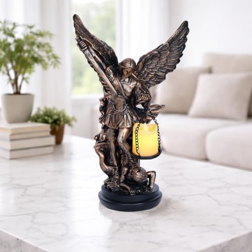 St. Michael Statue Lamp with Tealight Candle Holder Home Decor St Michael The Archangel Sculpture Saint Michael Defeating Lucifer in Religious Collectible Tabletop Angel LED Candle Holder 11.6"