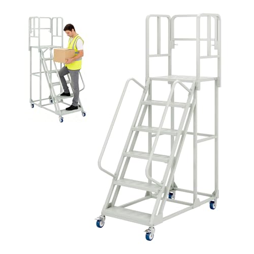 Image of 6 Step Rolling Ladder with Handrails, Industrial & Warehouse Stairs with Wheels, 1200LBs Capacity Non-Slip Platform Ladder for Garage, Library, Supermarket, 23.9 inch L X 55.1 inch W X 89.6 inch H