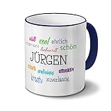 printplanet Tasse mit Namen Jürgen - Positive Eigenschaften von Jürgen - Namenstasse, Kaffeebecher, Mug, Becher, Kaffeetasse - Farbe Blau
