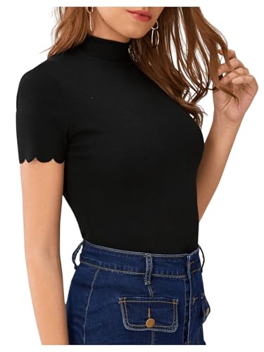 SweatyRocks Women's Mock Neck Ribbed Knit Scallop Short Sleeve T Shirt Tops2