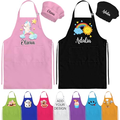 GBVllexuii Personalized Kids Apron with Name Custom Kids Apron and Chef Hat Adjustable Cooking Baking Painting