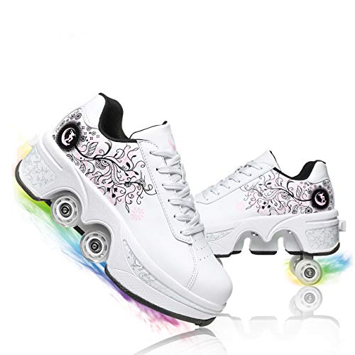 MLyzhe Deformation Roller Shoes Adult Children's Automatic Walking Shoes Male Female Skating Shoes Invisible Pulley Shoes Skates with Double-Row Deform Wheel,White,36