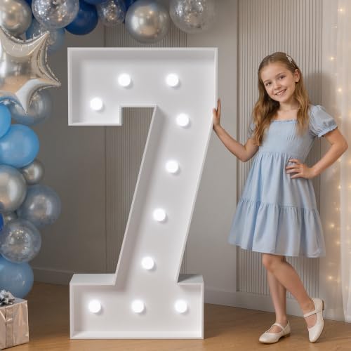 Image of JoyMuse 4FT Marquee Numbers 7, Large Light Up Numbers 7 for 70th Birthday Decorations Cool White Light Number 7 for Anniversary Birthday Party Decor