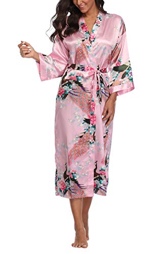 Women's Kimono Robe Peacock & Blossom Robe Wedding Satin Bathrobe Nightgown