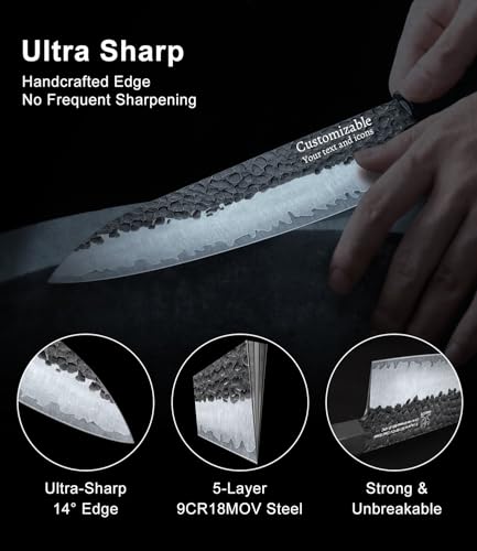 Image of FAMCUTE 8'' Engraved Custom Japanese Knife, Hand-Forged Chef Knife with 5-Layer 9CR18MOV Steel and Non-Slip Rosewood Handle Kitchen Knife, Christmas Gift for People Who Love to Cook in Sandalwood Box