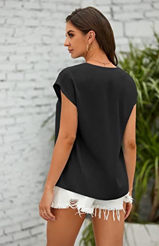 Lynwitkui Women's V Neck Chiffon Blouses Cap Sleeve Shirts Casual Loose Work Office Solid Tops3