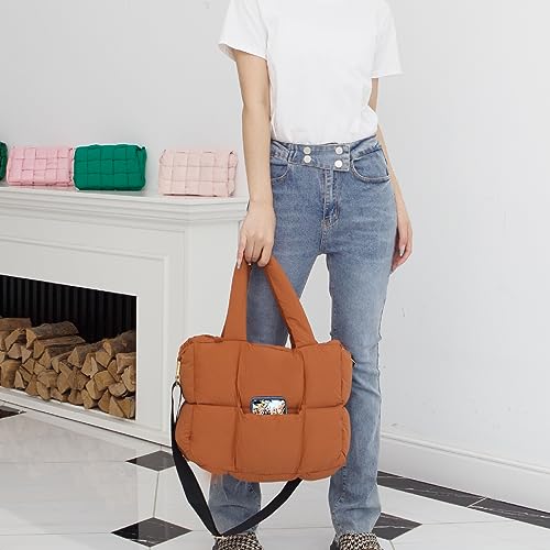 Image of Puffer Tote Bag for Women, Quilted Shoulder handbag for Travel, Work, Gym | nylon lightweight bag, waterproof, cloudy, zipper, compartments, nurse bag, adjustable crossbody strap