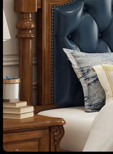 Image of Wooden Bed, American Classic Style, Blue Tufted Leather Headboard with Carved Wood Frame
