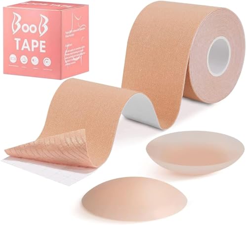 Heyumybit Boob Tape,5cm*5m Klebe BH Boobtapes mit 2 PCS Wiederverwendbare Brusttapes,Selbstklebende Trägerlose Boobtapes Unsichtbare BH Für Ballkleid,Hochzeitskleid,Abendkleider