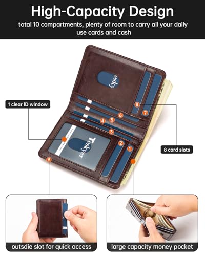 Image of Teskyer Wallet for Men RFID Blocking Bifold Credit Card Holder - Coffee | Large Capacity 8 Card Slots, Compact Design, Bifold Wallet with Gift Box for Daily Carry and Gifting