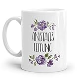 Tasse mit Spruch: ANSTALTSLEITUNG  Personalisierbar  mit lila Blumen