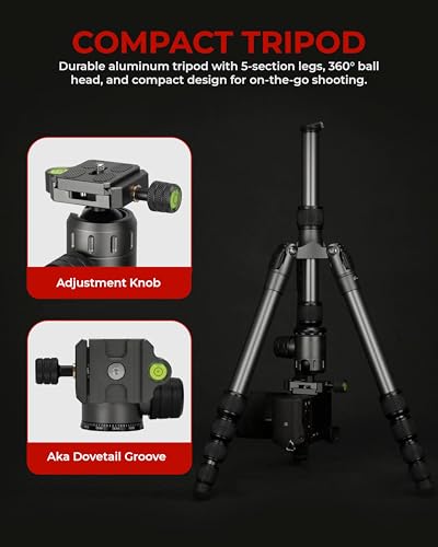 REFLEX CAMERA Heavy Duty Compact Aluminium Travel Tripod 160cm/64" Foldable, 360° Ball Head, Lightweight for DSLR Camera, 5kg Load Capacity, Professional Camera Tripod QR Plate Includes Carry Bag - Image 5