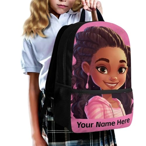 Custom Name African Girls Backpack 10-12 Years Old Afro Bookbag Personalized School Bag for Kids Age 8-10 Black Schoolbag Elementary Middle Student Book Bags With Water Bottle Holder3