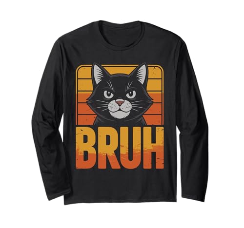 Funny Bruh Cat Meme with Attitude Retro Sunset Design Manga Larga