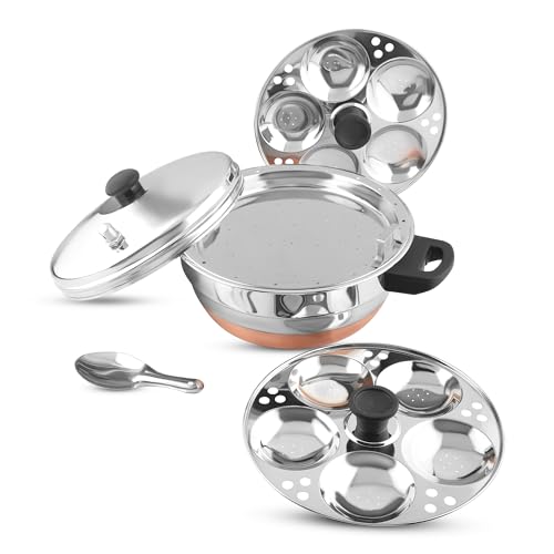 Multi Kadai de acero inoxidable con silbato, vaporera y base de cobre para idli 3