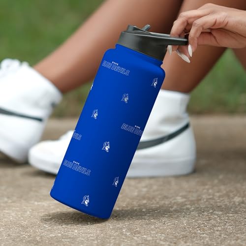 Image of Logo Brands NCAA Duke Blue Devils Step & Repeat 34 oz Stainless Steel Quencher Bottle - All Over Logo Design, No-Spill Lid, Easy Carry Handle - Keeps Drinks Cold For Hours