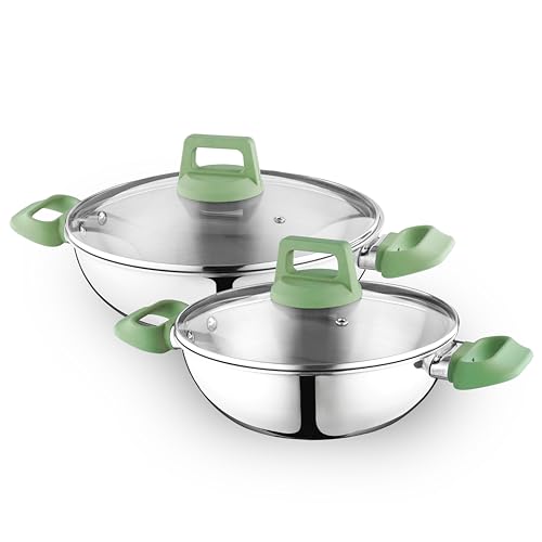 Image of Kreme Set of 2 Platina Triply Stainless Steel Kadhai with Lid (22 cms & 26 cms /Capacity 2.1 litres & 3.3 litres; Induction and Gas Compatible