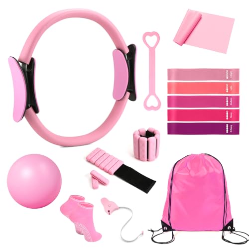 Home Pilates Kit 14 PCS, Pilates Ring and Ball Set with Adjustable Ankle Wrist Weights and Resistance Bands for Women Workout Set, Yoga Essentials Kit Equipment Accessories for Home Workouts