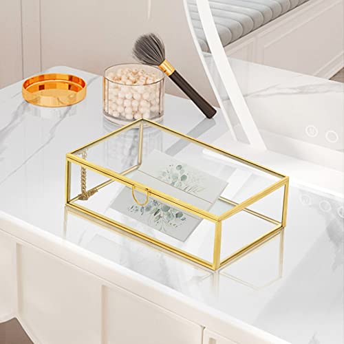 Vevitts 8" Copper Golden Vintage Glass Lidded Box, Large Decorative Jewelry Keepsake Display Clear Glass Box, Rings Bracelet Golden Organizer #TOP3