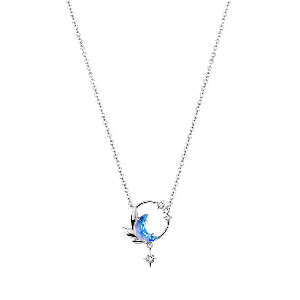 ZHUDJ Collar Colgante de Estrella de Luna de Plata de Ley 925 para Mujeres niñas Cadena de clavícula Gargantilla de joyería de Boda para Fiesta