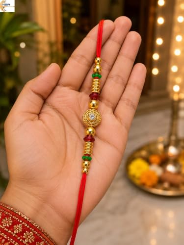 Image of NBR Rakhi with Gold Beads, Red Thread, Crystal Centre and MultiColoured Beads for Bhai and Bhabhi- Pack of 4