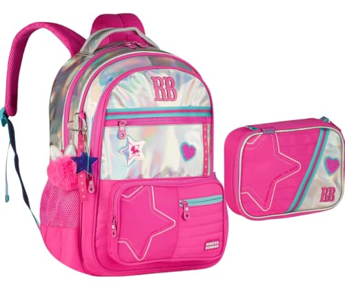 Kit Mochila Rebecca Bonbon Holográfica Grande Juvenil Poliéster Alça Carona Bolso Anti-furto Colegial Com Estojo Box 36 Elástico (ROSA)