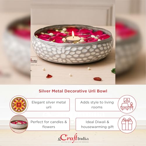Image of eCraftIndia Silver Metal Urli Bowl for Home Decoration Office Tv Unit Kitchen Showpiece for Good Luck | Urli for Floating Candles Flowers for Pooja Room Entryway Living Room Diwali Gift