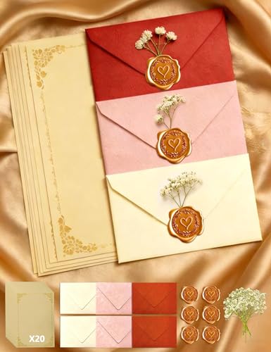 Briefpapier mit Umschlag, 40 Stück Set Vintage Schreiben mit 6 Briefumschläge Ohne Fenster, 20 A5 Briefpapier, 6 Wachssiegel Selbstklebend & 8 Getrocknete Blumen, für Liebesbrief Hochzeit Geburtstag