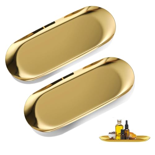 2 Pezzi Vassoio Portata Oro in Acciaio Inox, Vassoio Decorativo Ovale per Cosmetici, Gioielli, Caffè e Piccoli Oggetti, Regalo Elegante