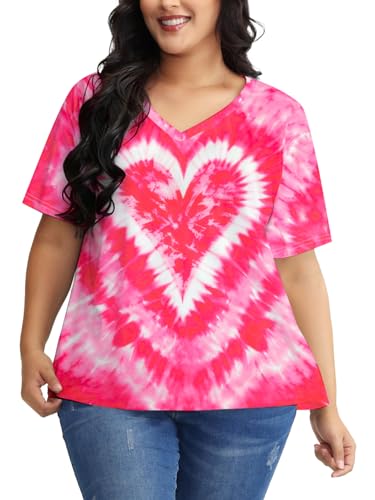 NANYUAYA Plus Size Women's Valentines Shirt Tie Dye Heart Lover V-Neck Short Sleeve Large Top Pink, Heart_4, 1X
