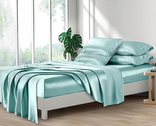 Image of Lanest Housing Silk Satin Sheets, 6-Piece Queen Size Satin Bed Sheet Set with Deep Pockets, Cooling and Soft Sheets Queen - Aqua